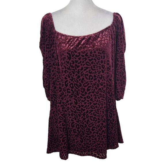 Siren Lily Oxblood Leopard Print Blouse with Velvet Accent Size 3X Plus Size Top - Picture 1 of 9